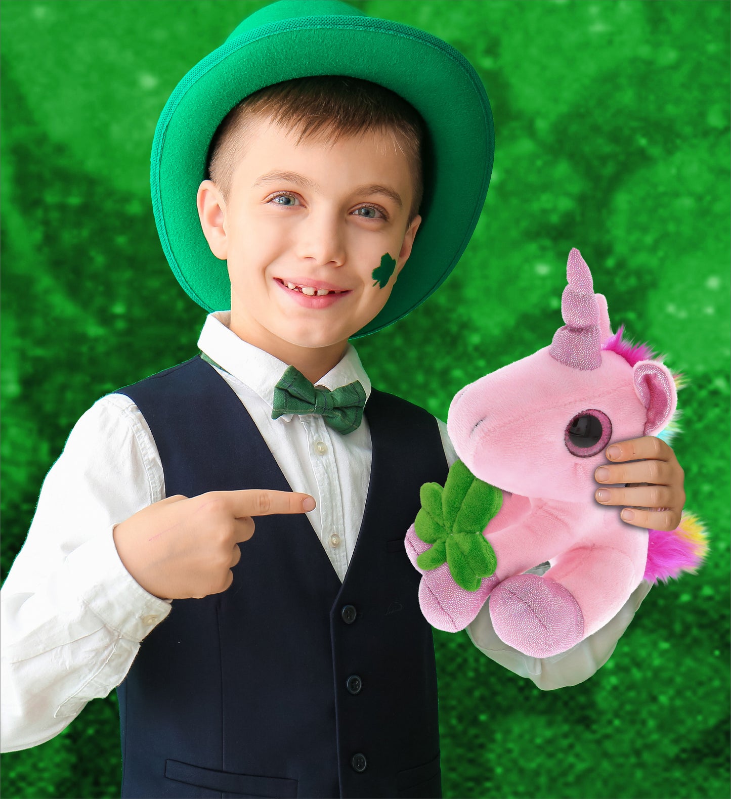 DolliBu Cute Pink Unicorn Stuffed Animal with Green Plush Shamrock - 8 Inches