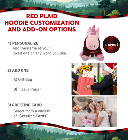 SPARKLE EYES PLUSH - PINK UNICORN WITH RED PLAID HOODIE