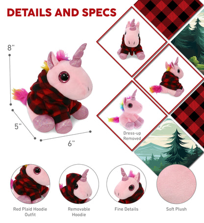 SPARKLE EYES PLUSH - PINK UNICORN WITH RED PLAID HOODIE