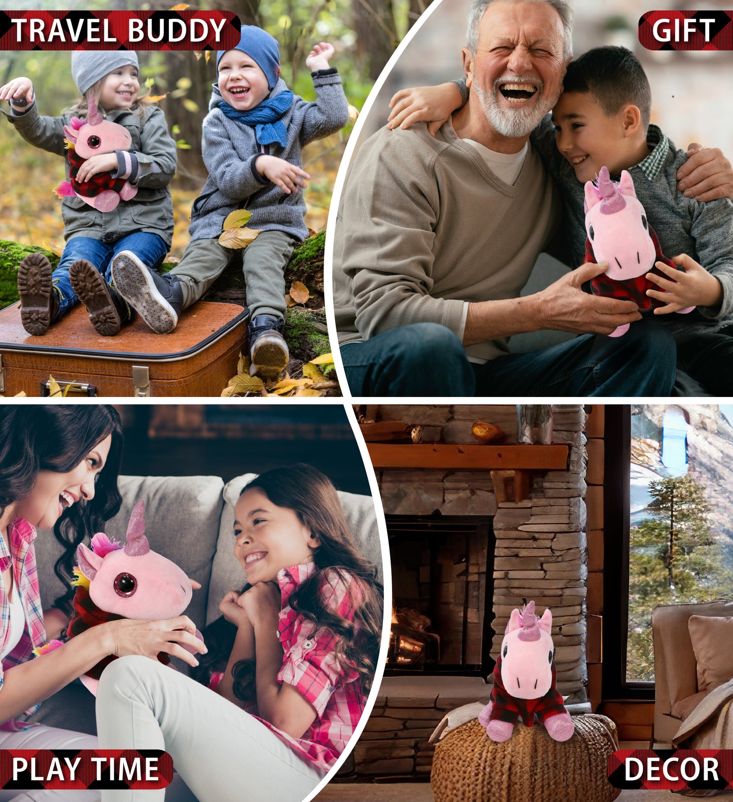 SPARKLE EYES PLUSH - PINK UNICORN WITH RED PLAID HOODIE