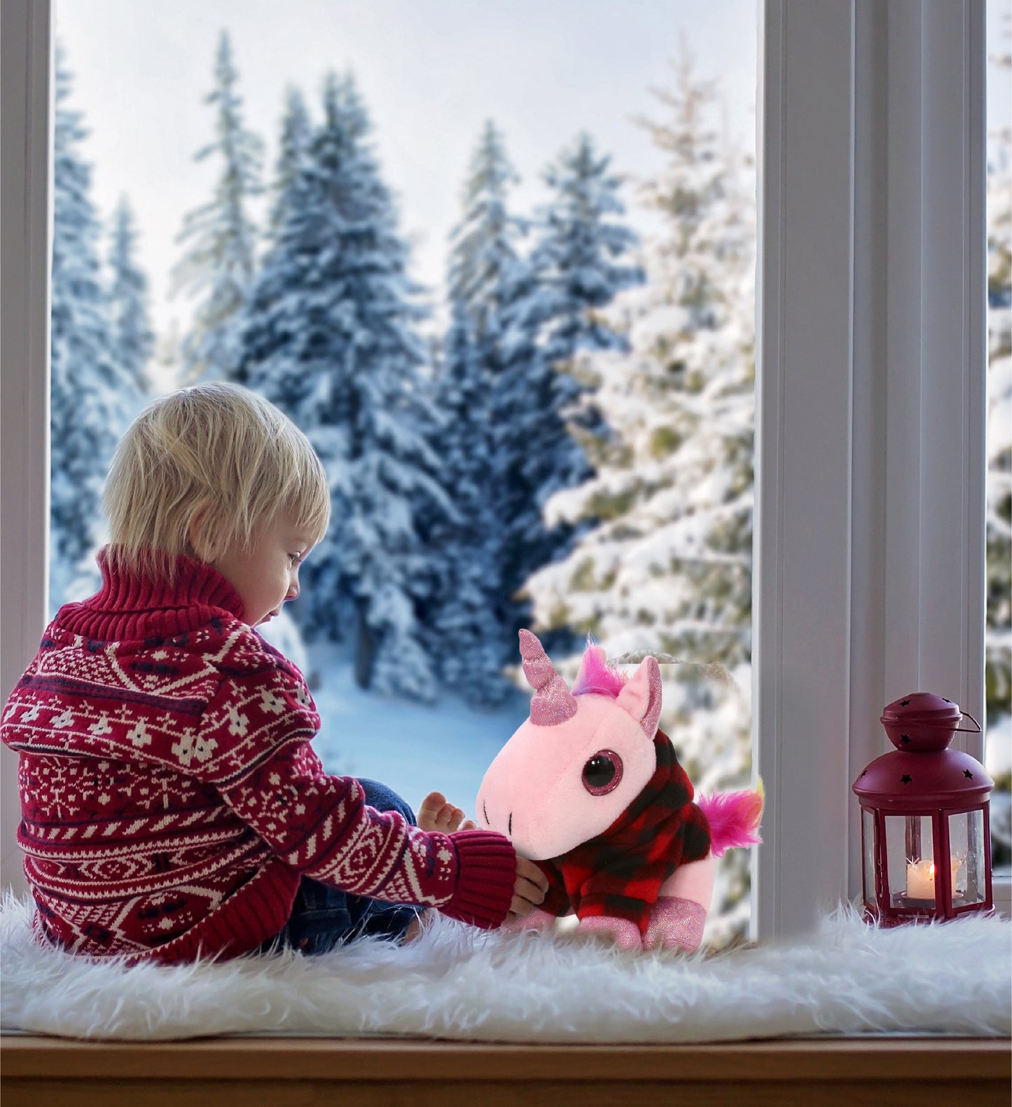 SPARKLE EYES PLUSH - PINK UNICORN WITH RED PLAID HOODIE