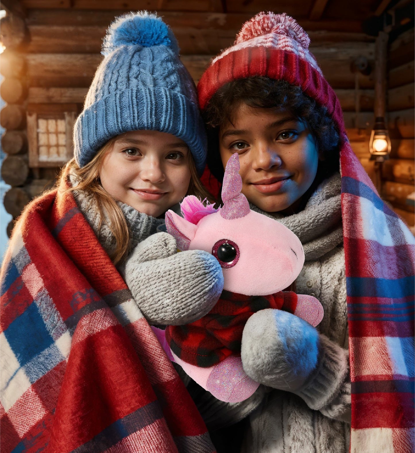 SPARKLE EYES PLUSH - PINK UNICORN WITH RED PLAID HOODIE