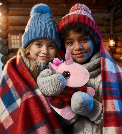 SPARKLE EYES PLUSH - PINK UNICORN WITH RED PLAID HOODIE