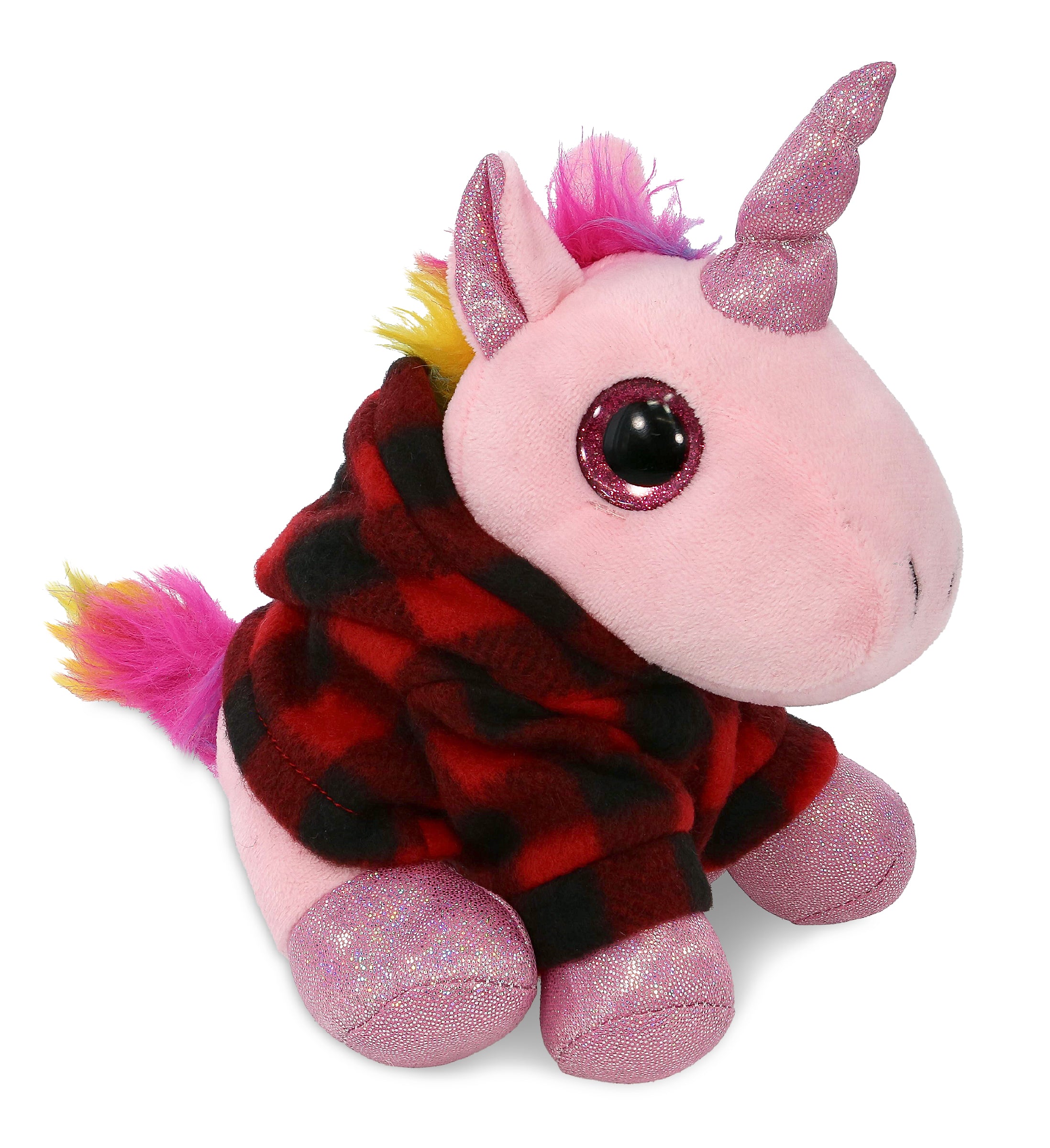 SPARKLE EYES PLUSH - PINK UNICORN WITH RED PLAID HOODIE