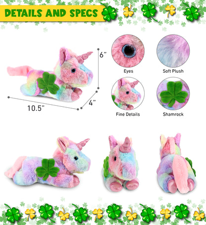 DolliBu Sunday Rainbow Unicorn Stuffed Toy with Green Plush Shamrock, 10.5 Inch
