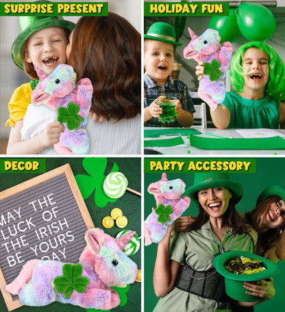 DolliBu Sunday Rainbow Unicorn Stuffed Toy with Green Plush Shamrock, 10.5 Inch