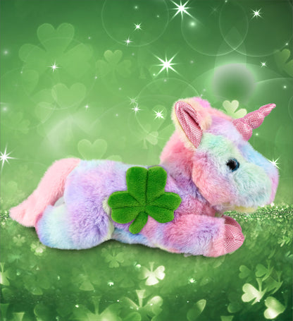 DolliBu Sunday Rainbow Unicorn Stuffed Toy with Green Plush Shamrock, 10.5 Inch