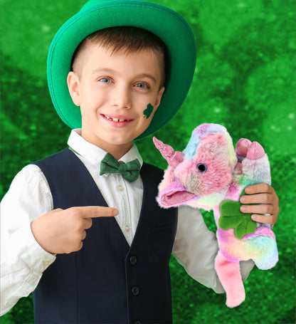 DolliBu Sunday Rainbow Unicorn Stuffed Toy with Green Plush Shamrock, 10.5 Inch