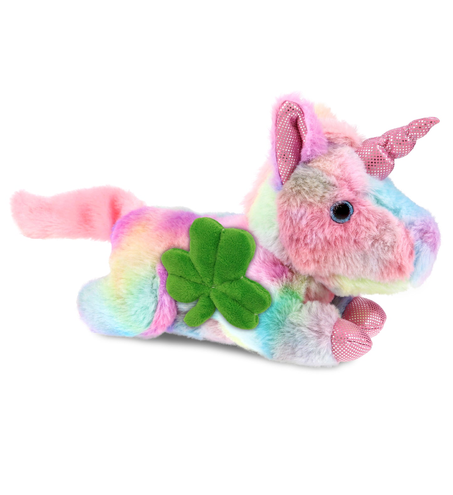 DolliBu Sunday Rainbow Unicorn Stuffed Toy with Green Plush Shamrock, 10.5 Inch