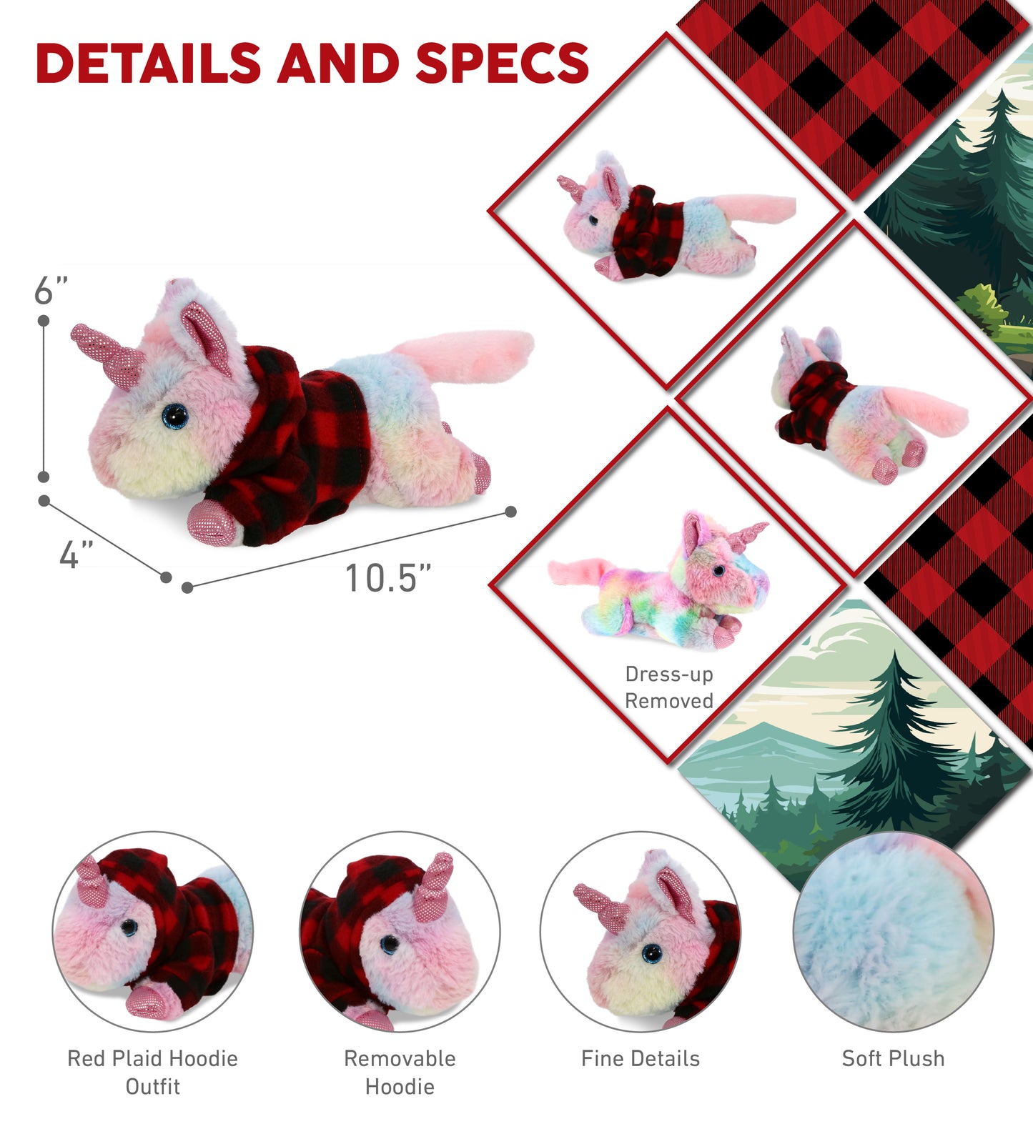 COTTON CANDY PLUSH - SUNDAY RAINBOW UNICORN WITH RED PLAID HOODIE