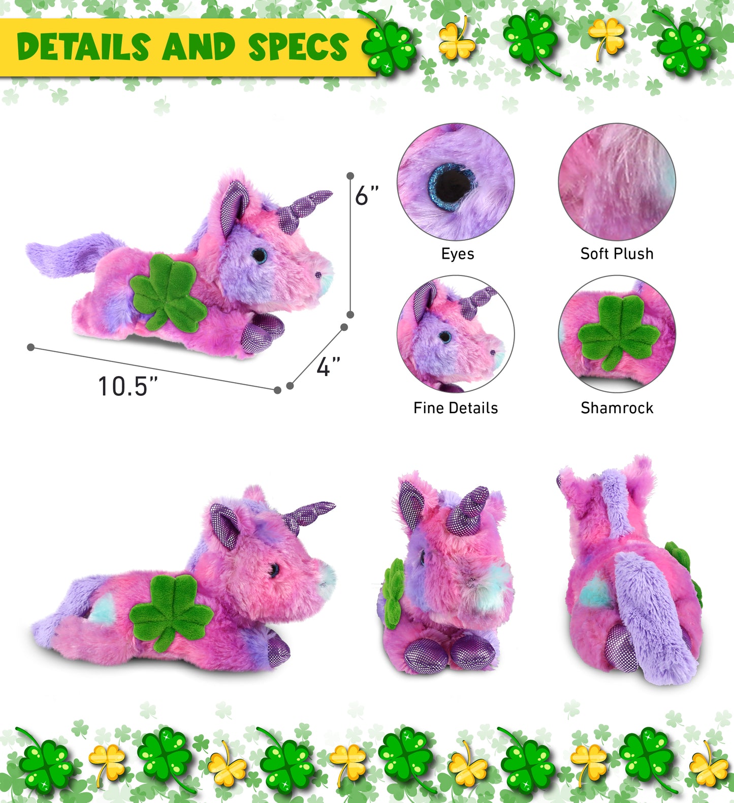 DolliBu Monday Pink Unicorn Stuffed Animal with Green Plush Shamrock, 10.5 Inch