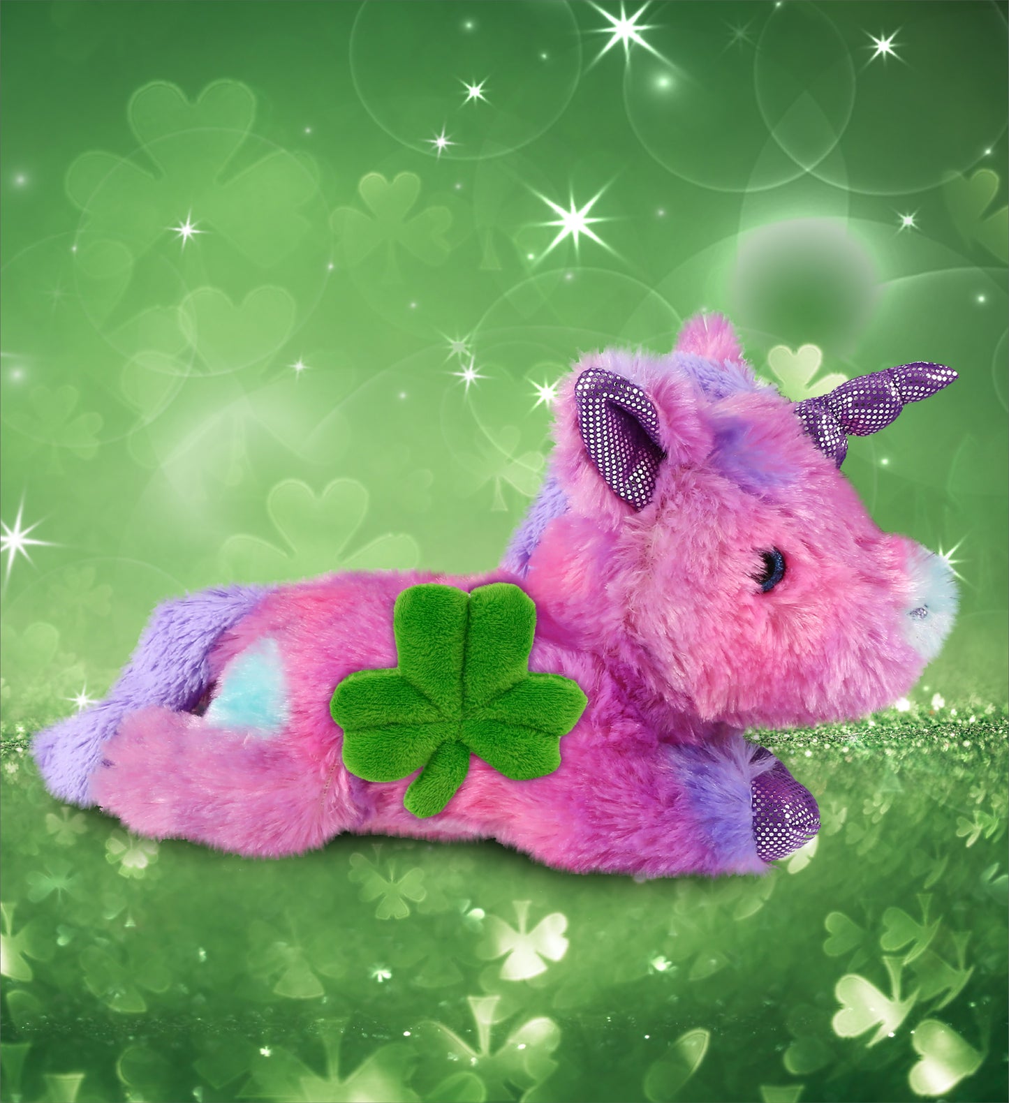 DolliBu Monday Pink Unicorn Stuffed Animal with Green Plush Shamrock, 10.5 Inch