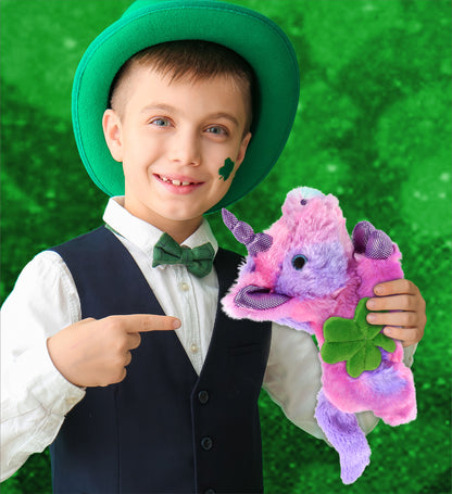 DolliBu Monday Pink Unicorn Stuffed Animal with Green Plush Shamrock, 10.5 Inch