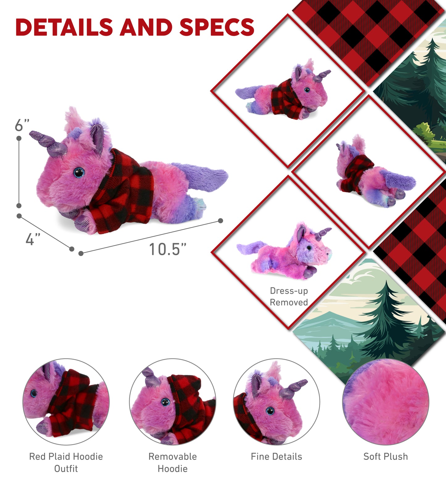 COTTON CANDY PLUSH - MONDAY PINK UNICORN WITH RED PLAID HOODIE