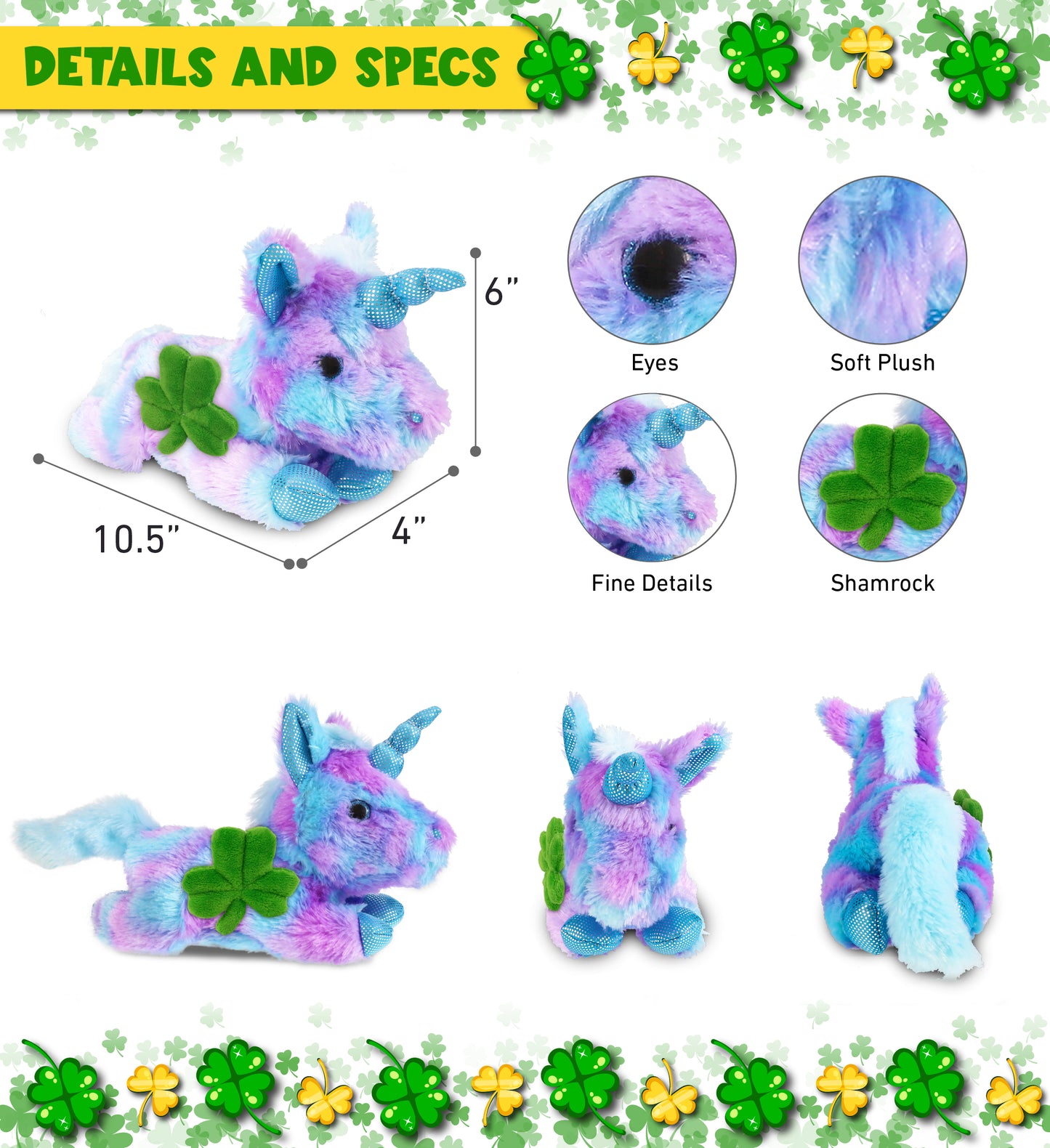 DolliBu Friday Blue Unicorn Stuffed Animal with Green Plush Shamrock, 10.5 Inch