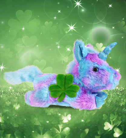 DolliBu Friday Blue Unicorn Stuffed Animal with Green Plush Shamrock, 10.5 Inch