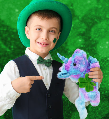 DolliBu Friday Blue Unicorn Stuffed Animal with Green Plush Shamrock, 10.5 Inch
