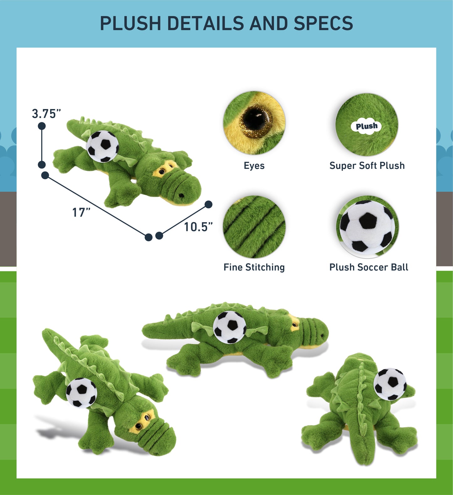 SUPER-SOFT PLUSH - GREEN ALLIGATOR LARGE 17" WITH SOCCER PLUSH