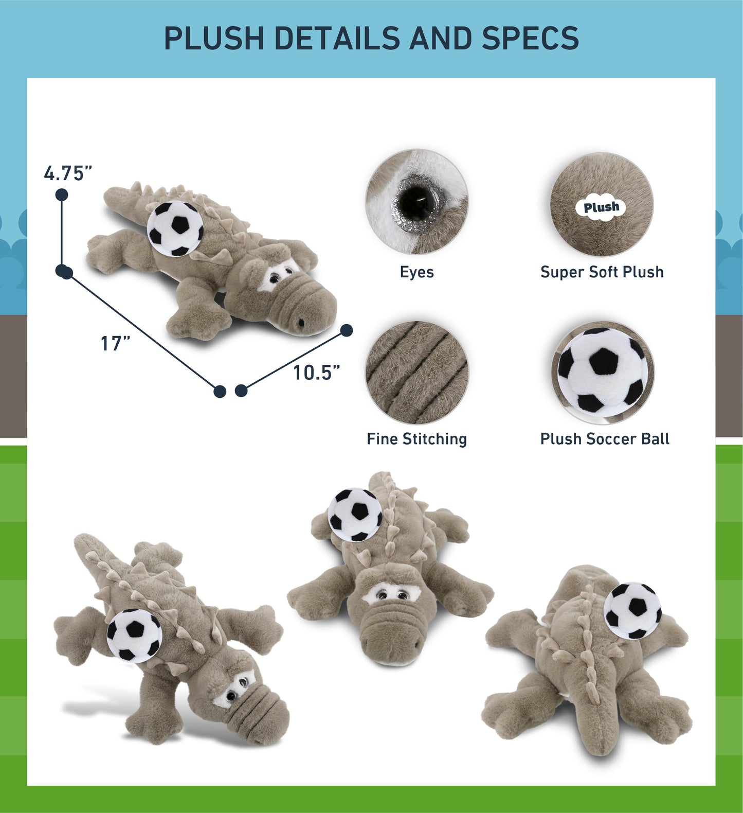 SUPER-SOFT PLUSH - GREY ALLIGATOR LARGE 17" WITH SOCCER PLUSH