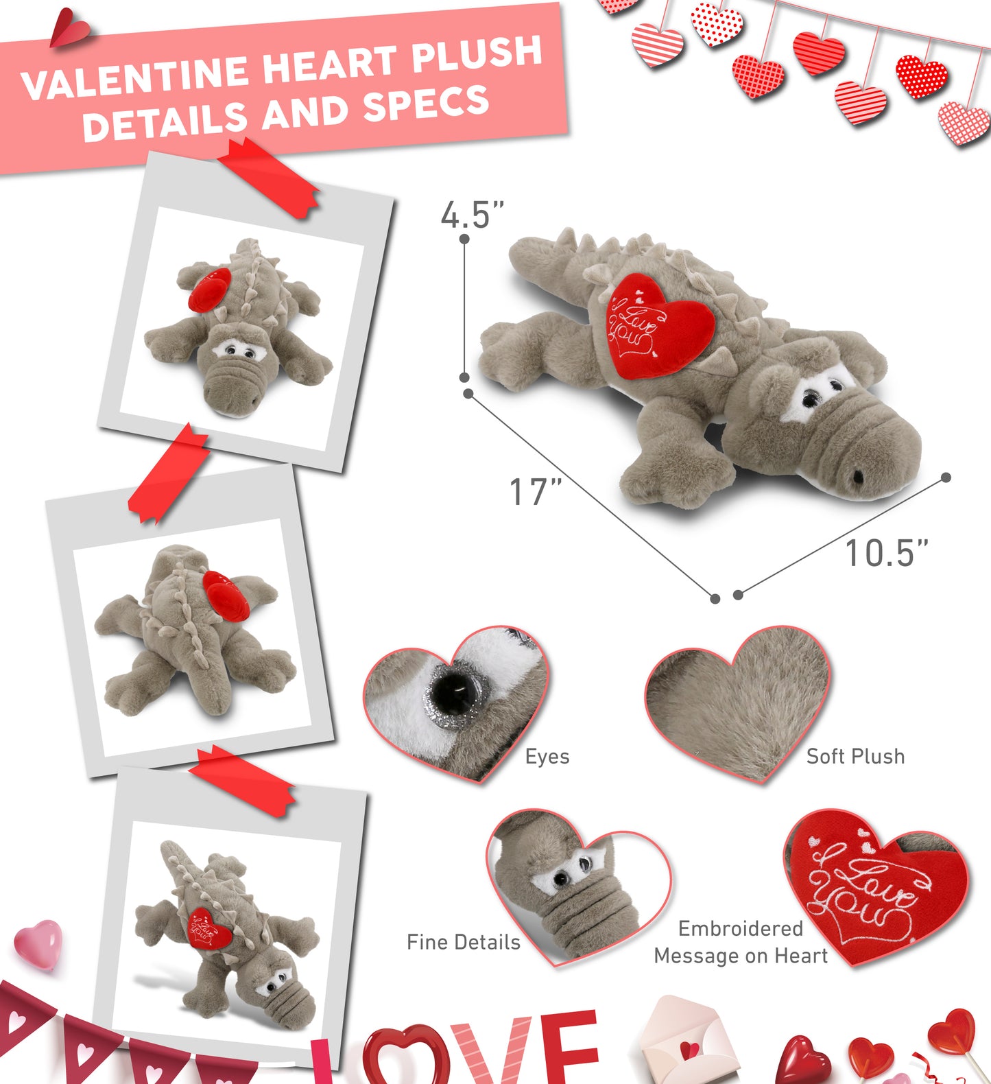 PLUSH I LOVE YOU RED HEART - SUPER-SOFT PLUSH - GREY ALLIGATOR LARGE 17"