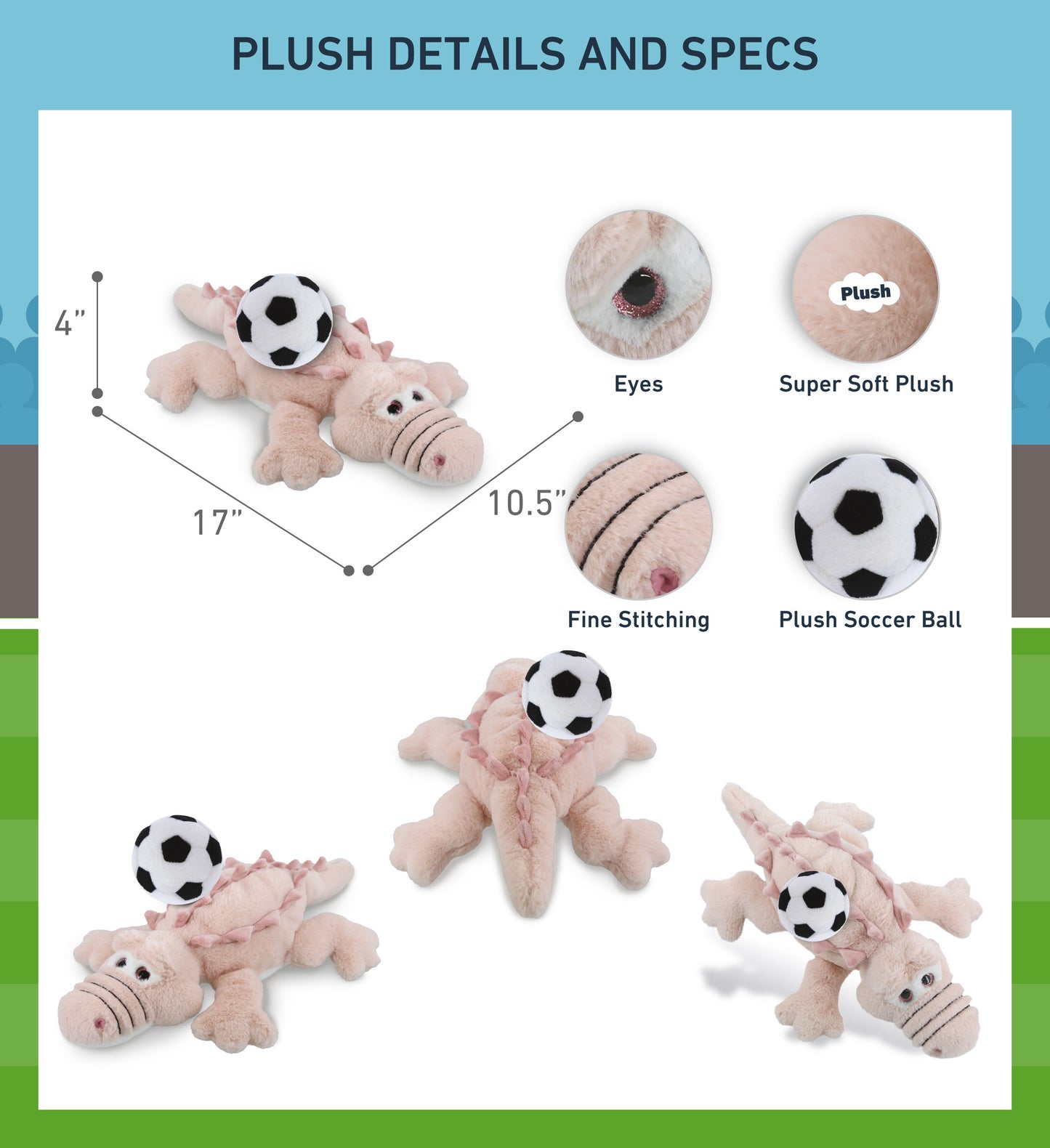 SUPER-SOFT PLUSH - PINK ALLIGATOR LARGE 17" WITH SOCCER PLUSH