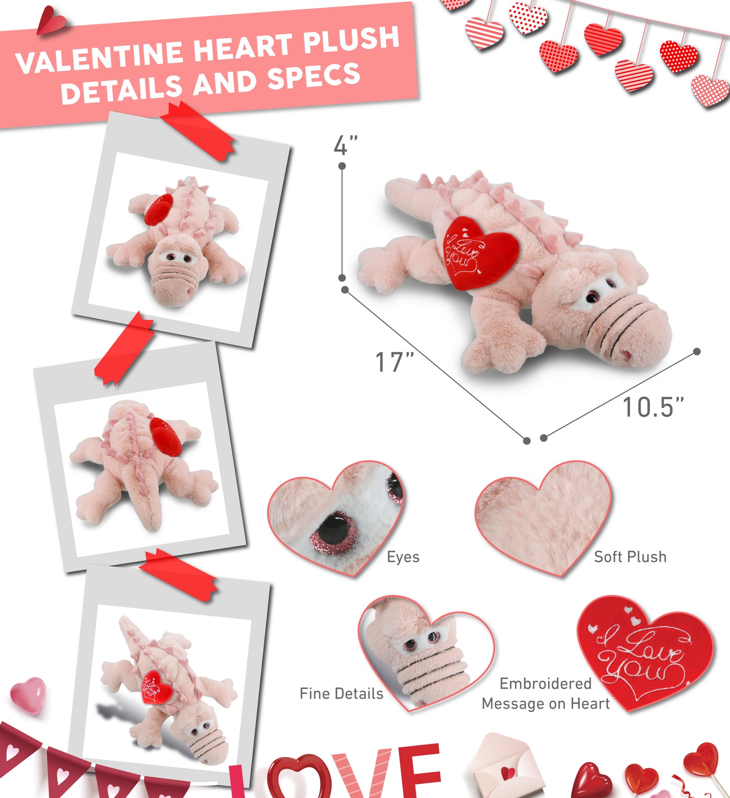 PLUSH I LOVE YOU RED HEART - SUPER-SOFT PLUSH - PINK ALLIGATOR LARGE 17"