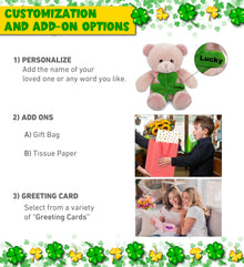 DolliBu Cute Baby Pink Bear Stuffed Animal with Green Plush Shamrock - 8 Inches