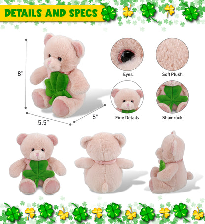 DolliBu Cute Baby Pink Bear Stuffed Animal with Green Plush Shamrock - 8 Inches