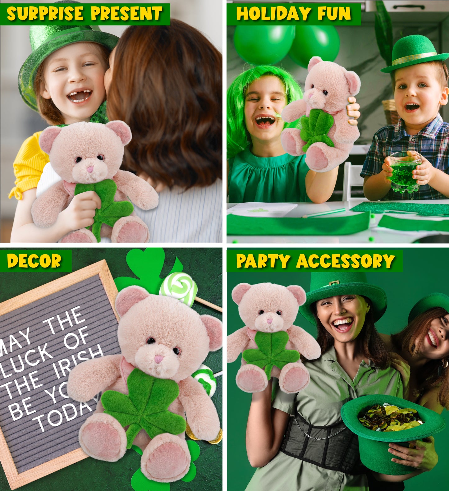 DolliBu Cute Baby Pink Bear Stuffed Animal with Green Plush Shamrock - 8 Inches