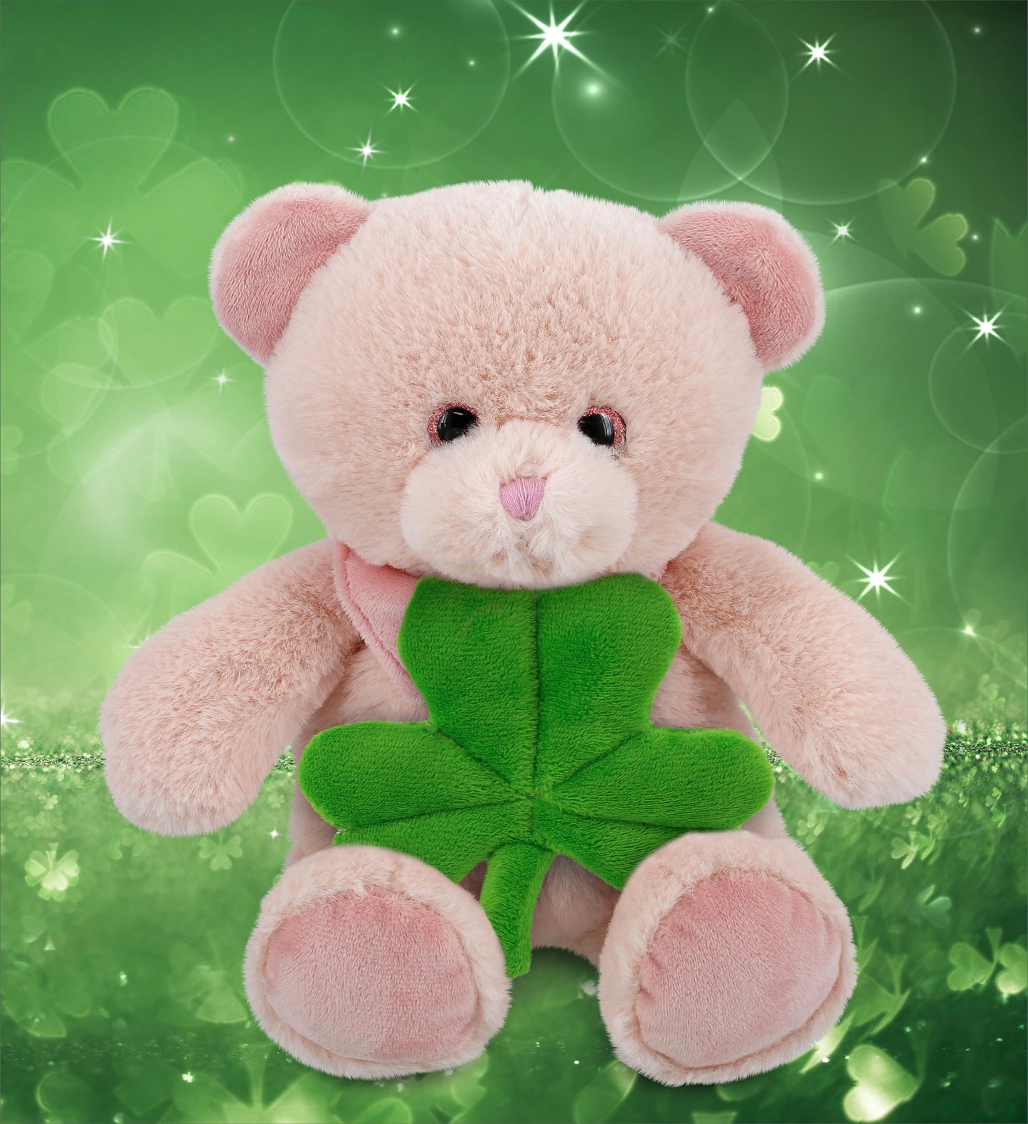DolliBu Cute Baby Pink Bear Stuffed Animal with Green Plush Shamrock - 8 Inches