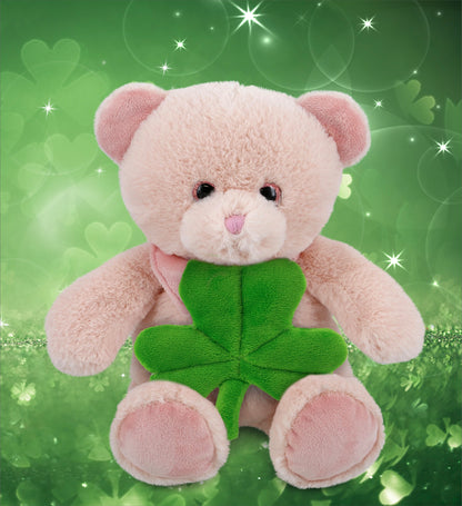 DolliBu Cute Baby Pink Bear Stuffed Animal with Green Plush Shamrock - 8 Inches