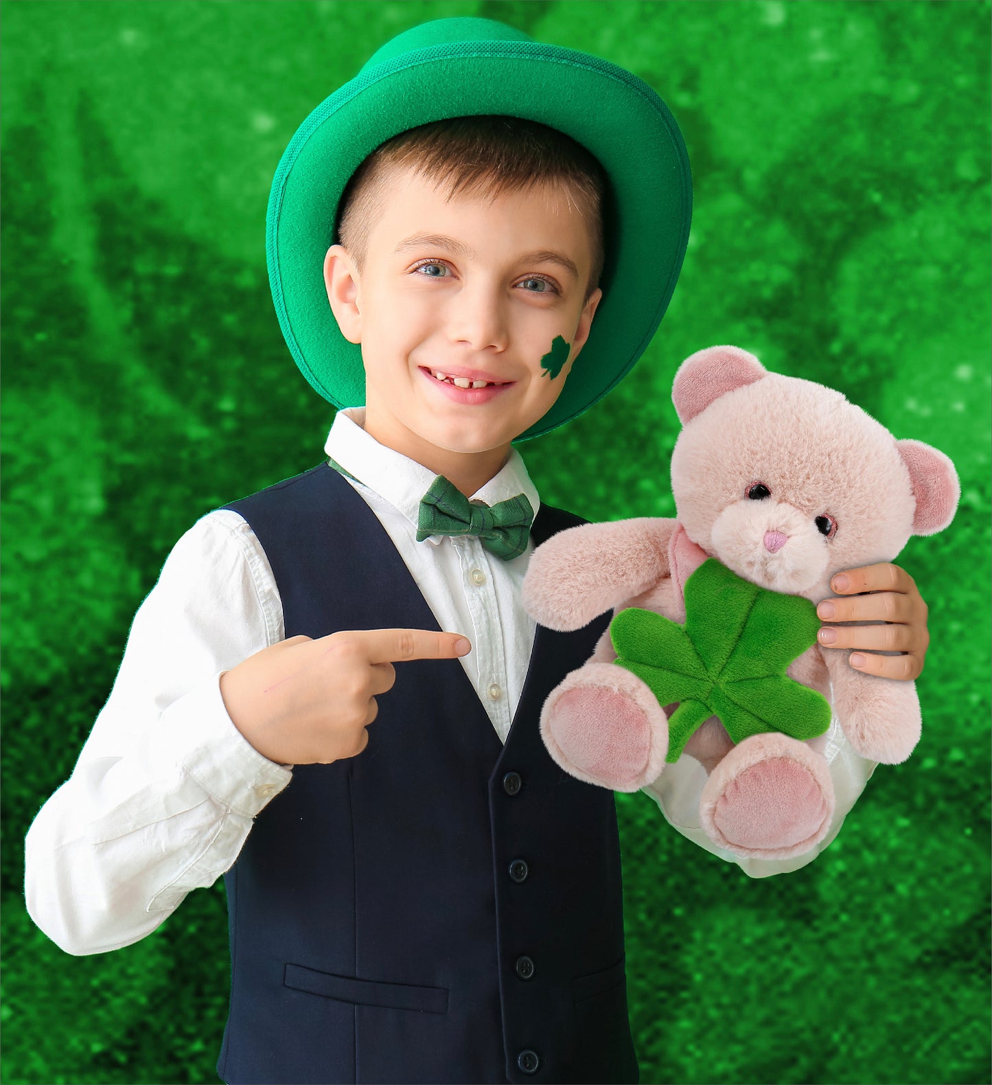 DolliBu Cute Baby Pink Bear Stuffed Animal with Green Plush Shamrock - 8 Inches