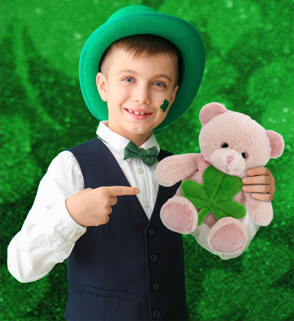 DolliBu Cute Baby Pink Bear Stuffed Animal with Green Plush Shamrock - 8 Inches