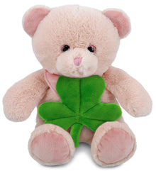 DolliBu Cute Baby Pink Bear Stuffed Animal with Green Plush Shamrock - 8 Inches