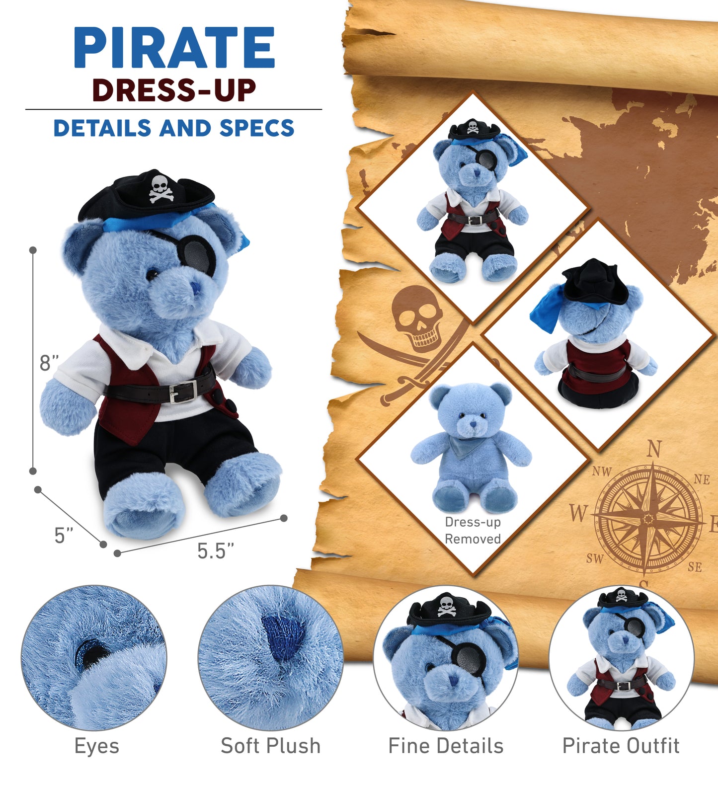 SUPER-SOFT PLUSH - BABY BLUE BEAR 8" PIRATE DRESS UP