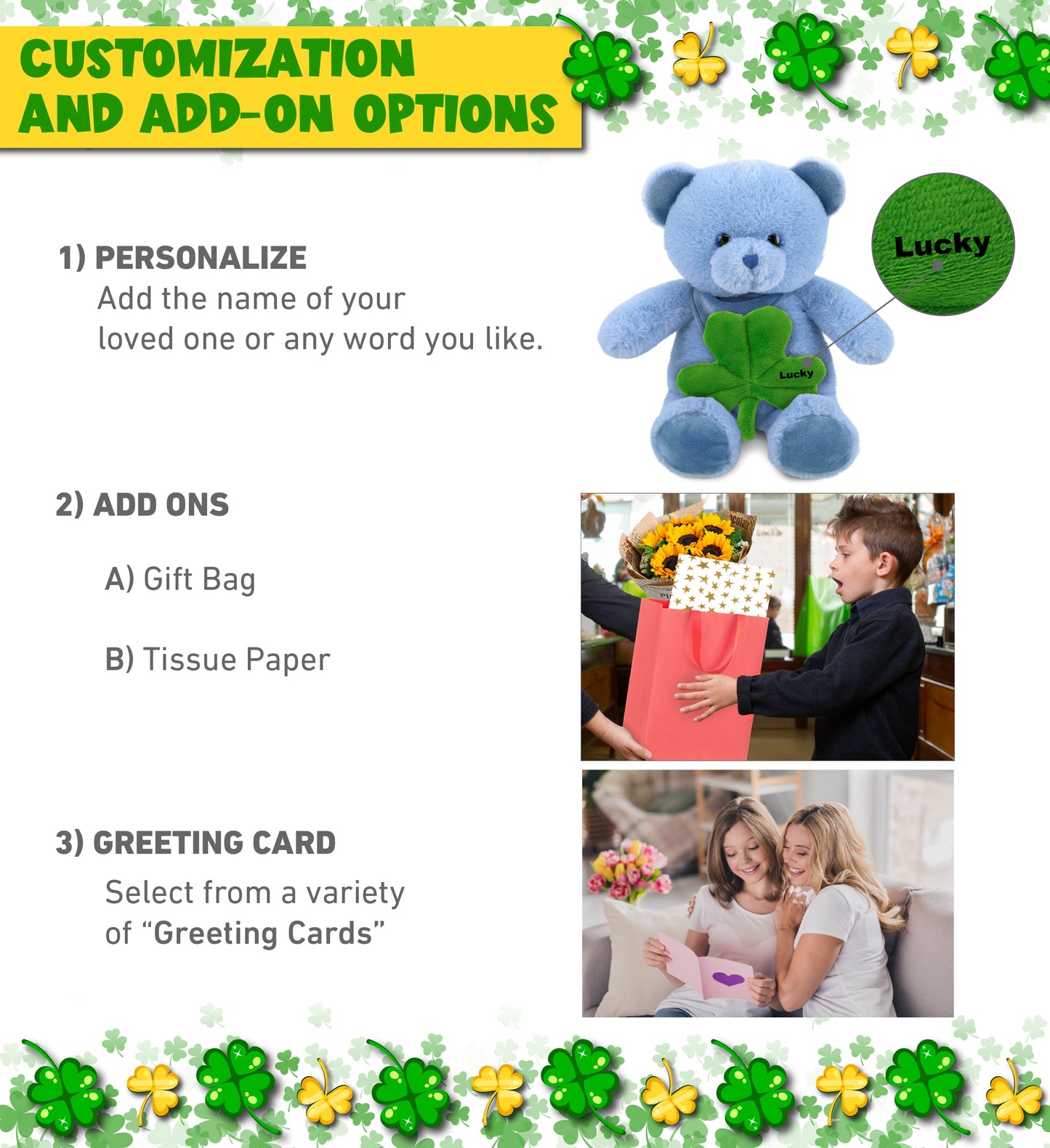 DolliBu Cute Baby Blue Bear Stuffed Animal with Green Plush Shamrock - 8 Inches