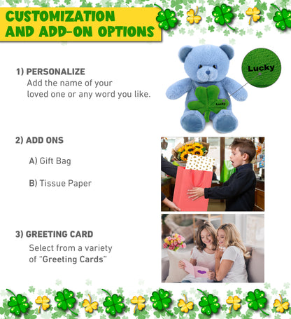 DolliBu Cute Baby Blue Bear Stuffed Animal with Green Plush Shamrock - 8 Inches