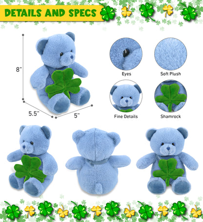 DolliBu Cute Baby Blue Bear Stuffed Animal with Green Plush Shamrock - 8 Inches