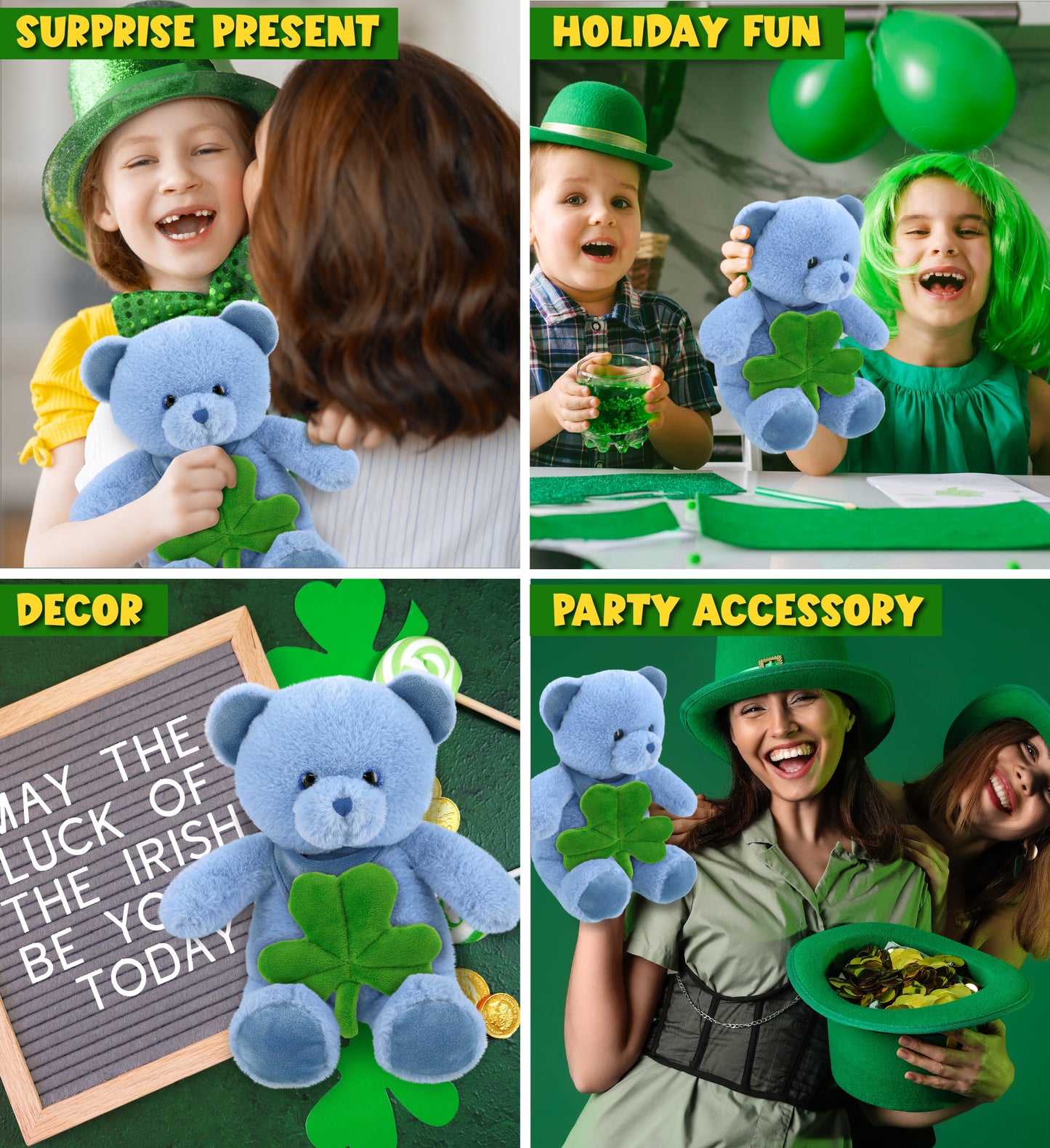 DolliBu Cute Baby Blue Bear Stuffed Animal with Green Plush Shamrock - 8 Inches