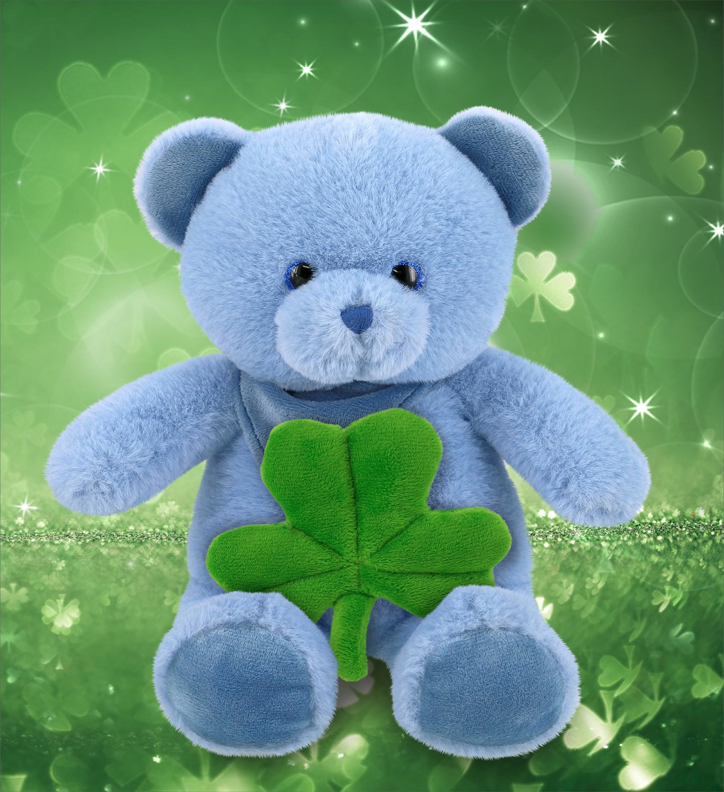 DolliBu Cute Baby Blue Bear Stuffed Animal with Green Plush Shamrock - 8 Inches