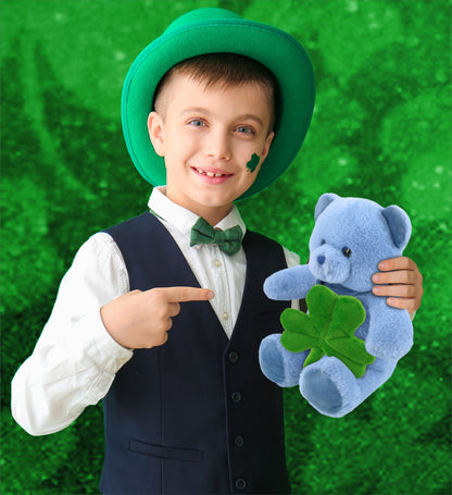 DolliBu Cute Baby Blue Bear Stuffed Animal with Green Plush Shamrock - 8 Inches