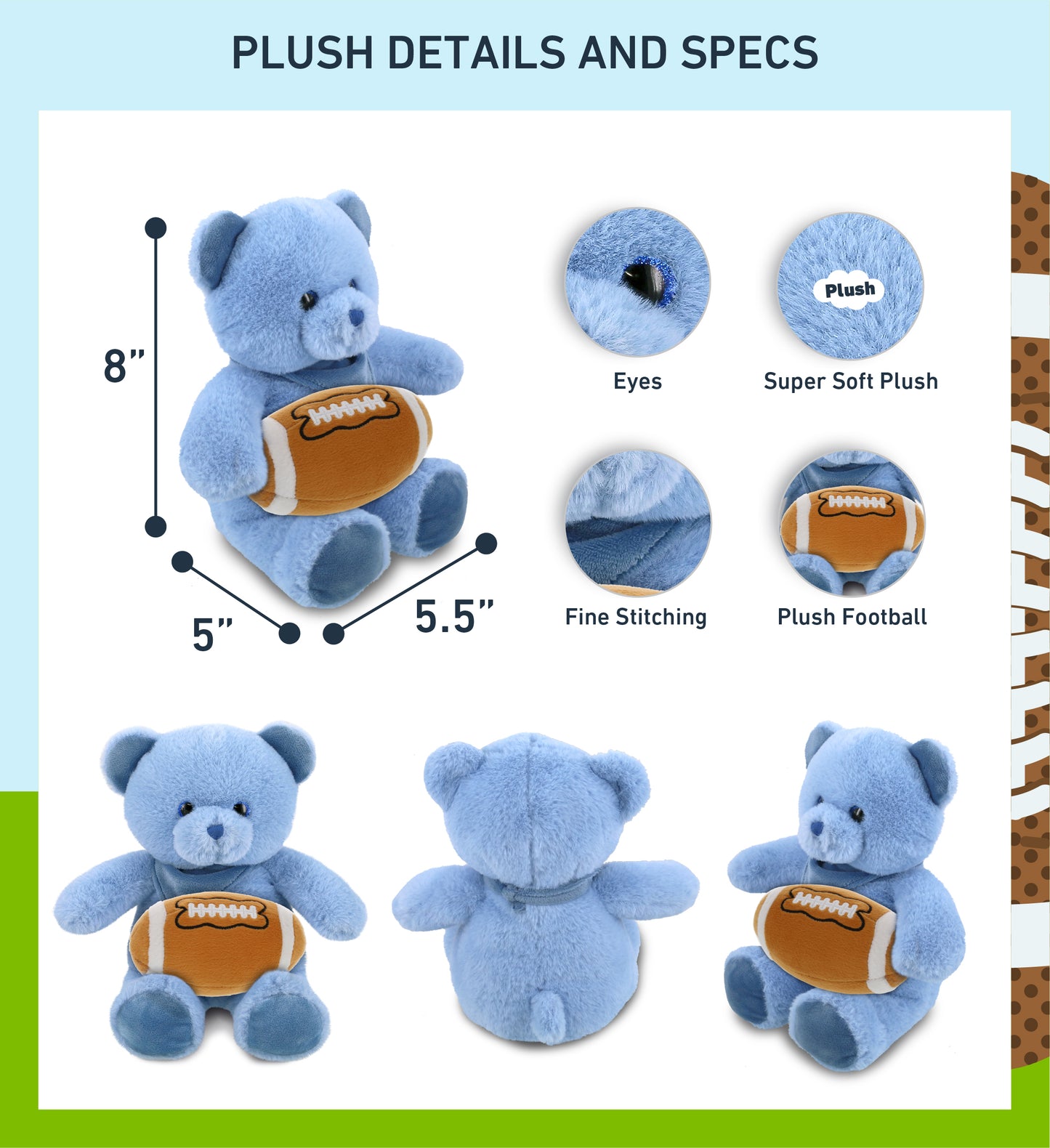 SUPER-SOFT PLUSH - BABY BLUE BEAR 8" WITH FOOTBALL PLUSH
