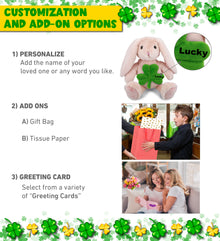 DolliBu Baby Pink Rabbit Stuffed Animal with Green Plush Shamrock - 8 Inches