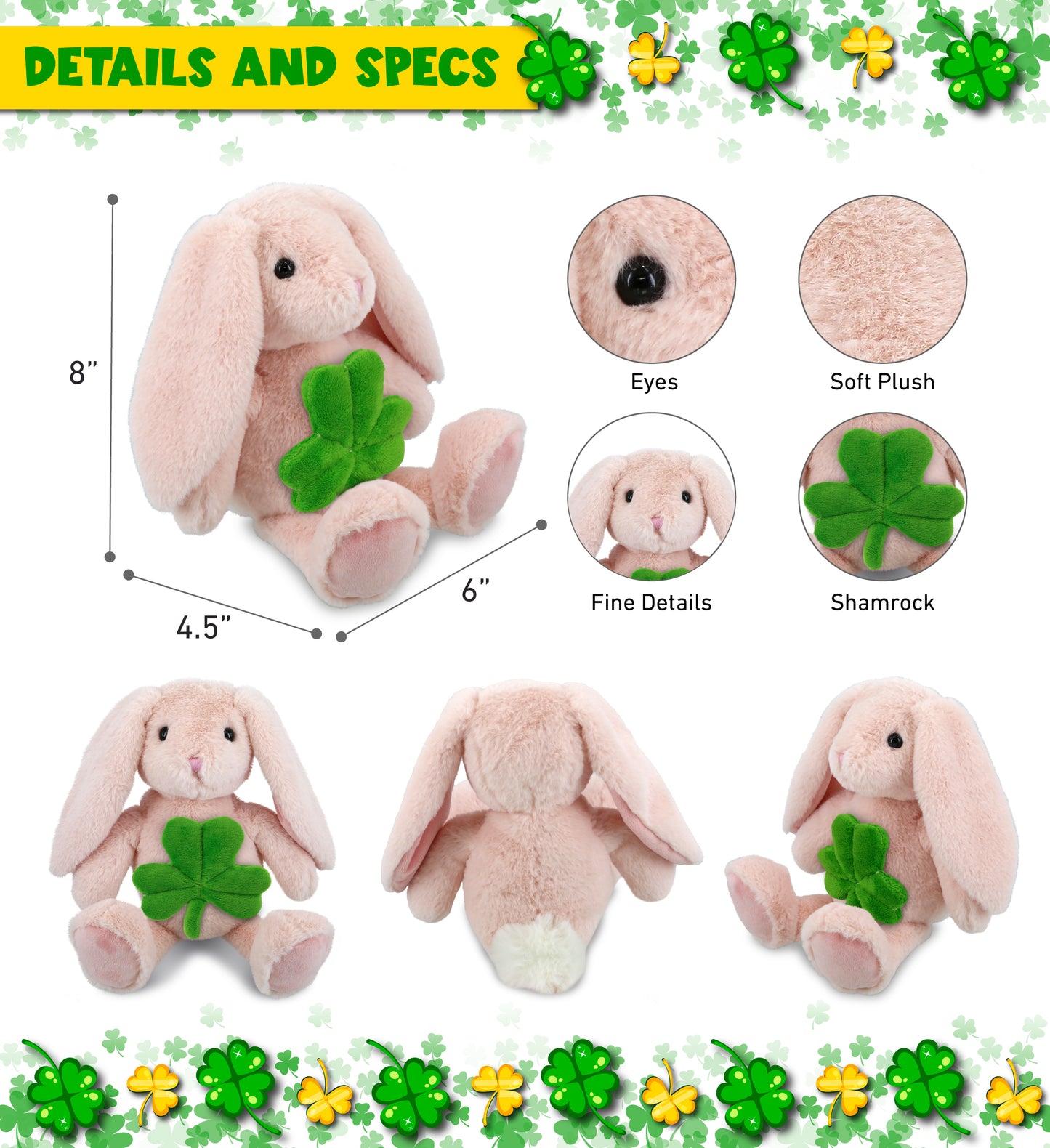 DolliBu Baby Pink Rabbit Stuffed Animal with Green Plush Shamrock - 8 Inches