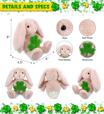DolliBu Baby Pink Rabbit Stuffed Animal with Green Plush Shamrock - 8 Inches