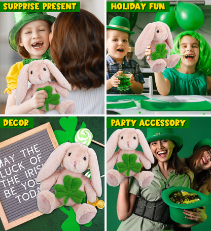 DolliBu Baby Pink Rabbit Stuffed Animal with Green Plush Shamrock - 8 Inches