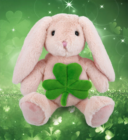DolliBu Baby Pink Rabbit Stuffed Animal with Green Plush Shamrock - 8 Inches
