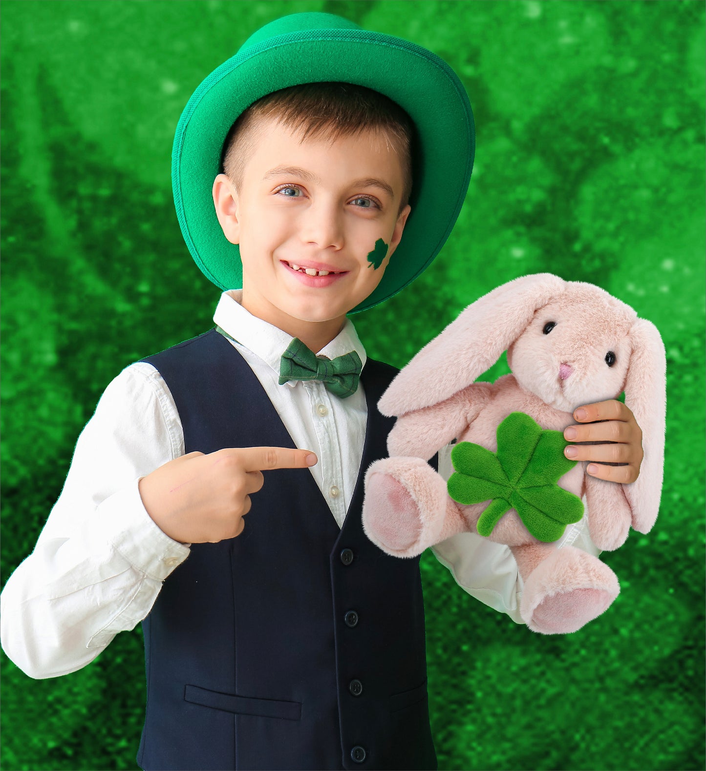 DolliBu Baby Pink Rabbit Stuffed Animal with Green Plush Shamrock - 8 Inches