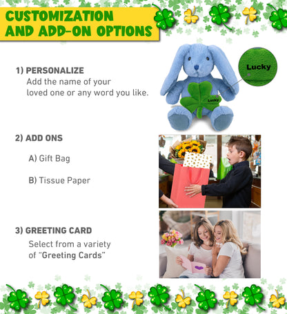DolliBu Baby Blue Rabbit Stuffed Animal with Green Plush Shamrock - 8 Inches