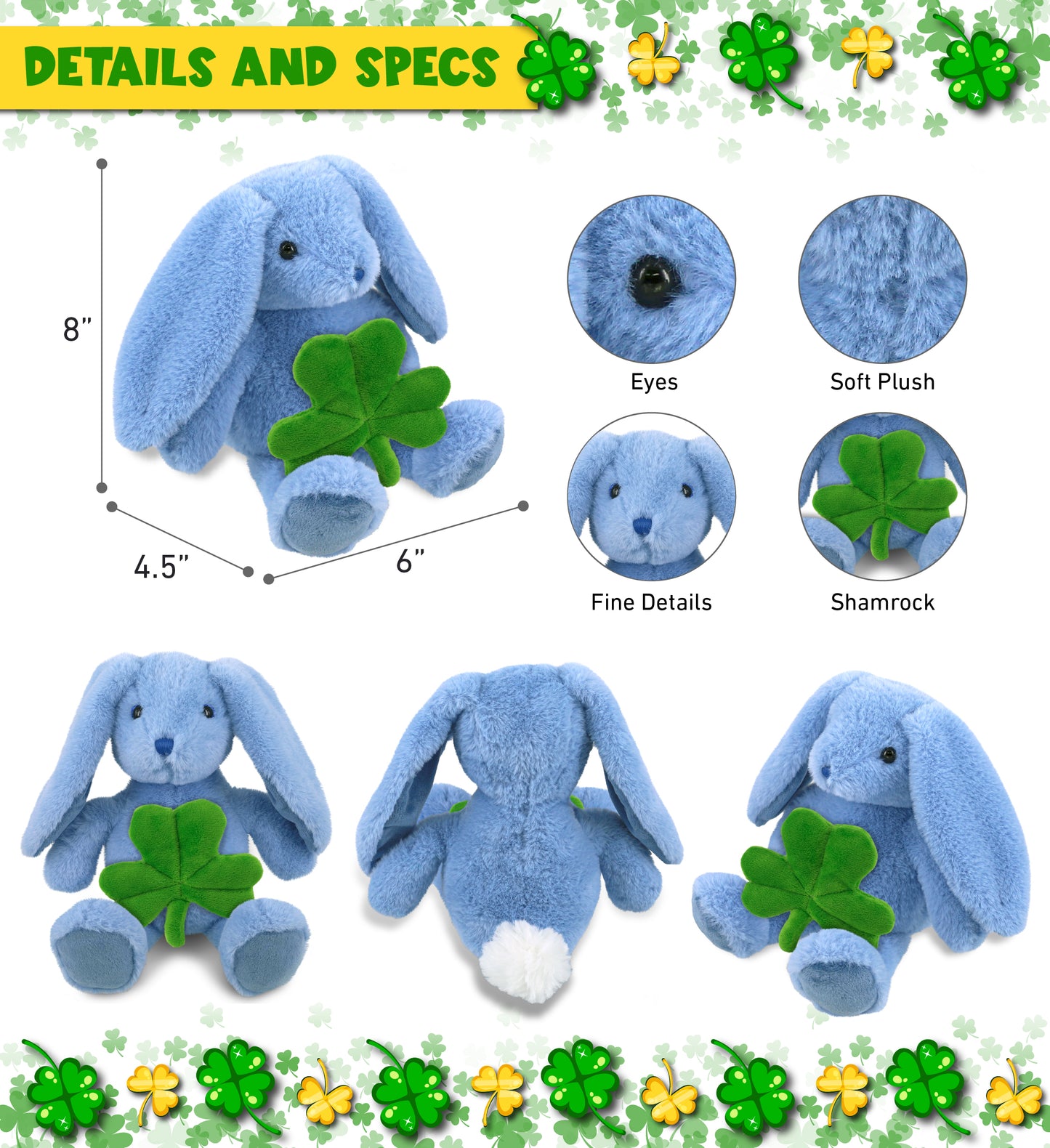 DolliBu Baby Blue Rabbit Stuffed Animal with Green Plush Shamrock - 8 Inches